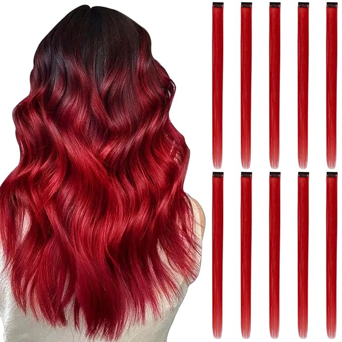 Red Hair Extensions Clip in, 22 Inch 10 Pieces Long Straight Colored, for Women Kids Girls Highlight Party, Synthetic