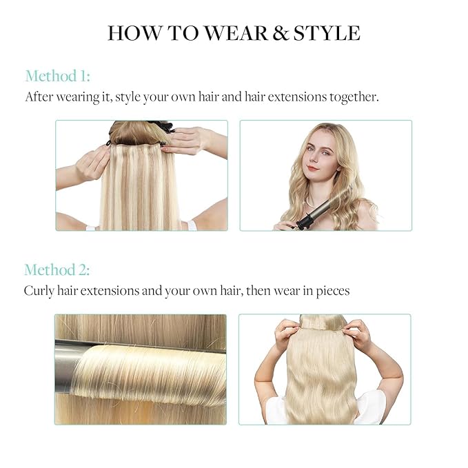 DOORES Hair Extensions Seamless Clip in Real Human Hair, Light Blonde Highlighted Golden Blonde 24 Inch 120g 7pcs, Human Hair Extensions Skin Weft Remy Straight Hair Invisi Edge Hair Extensions