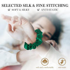 Silk Scrunchies For Hair, 3 Pack, 100% Mulberry Silk Hair Ties, 19 Momme, Natural Silk Elastic Hair Bands For Women And Girls'Hair Designed to Be Soft And Less Pulling (Emerald, Leopard,Navy Blue)