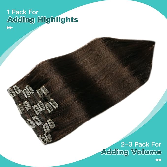 SURNEL Clip in Hair Extensions Human Hair 6pcs 16inch 100g Dark Brown Human Hair Clip in Extensions (#2,16'')