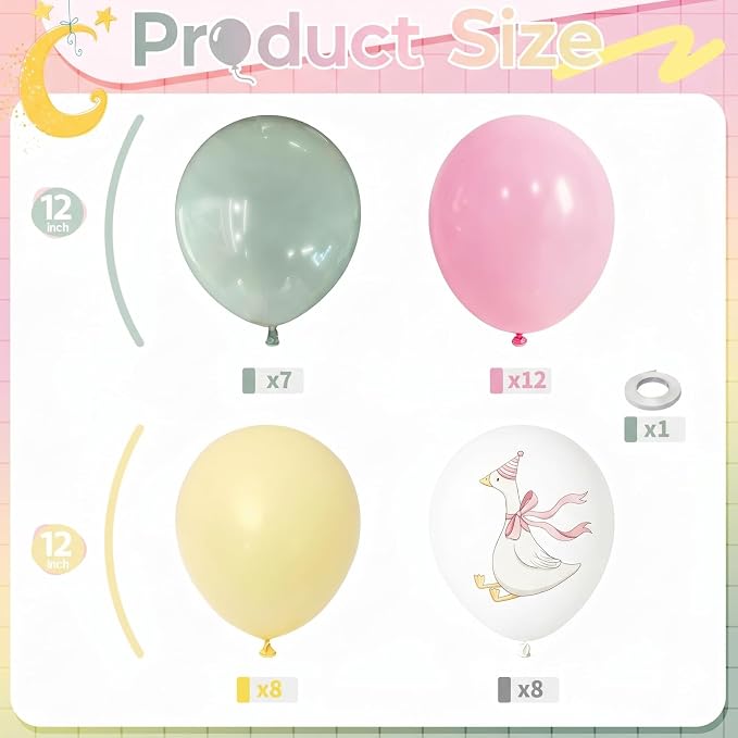 Goose Balloons Set, Pastel Pink Sage Dusty Green Light Yellow White Latex - Image 2