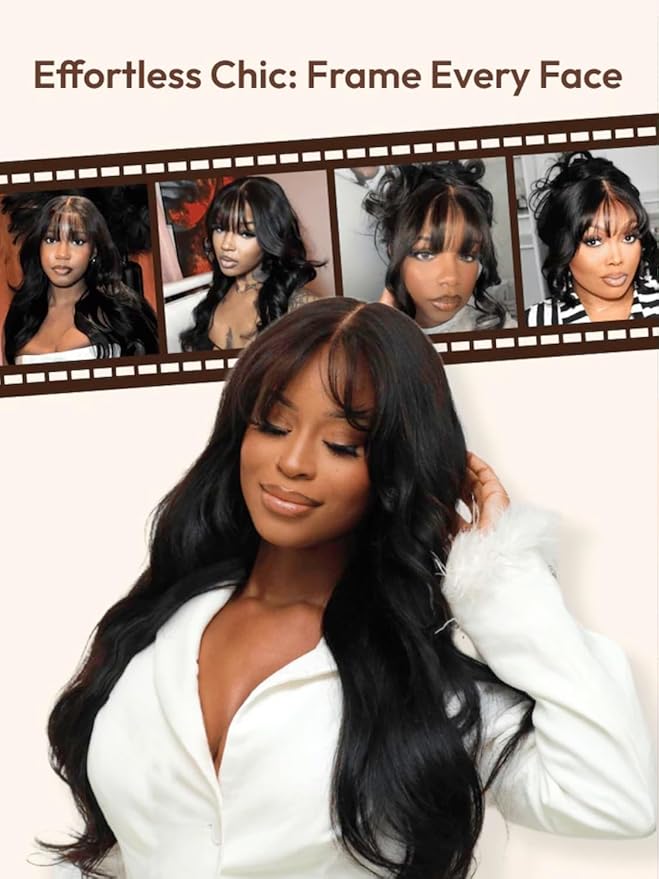 KLAIYI Pre Everything Glueless 13x4 Lace Front Wigs Human Hair Loose Body Wave Bye Bye Knots Pre Cut Lace Pre Bleached Pre Plucked 30S Ready to Wear And Go Frontal Wig with Natural Curtain Bang 28Inch