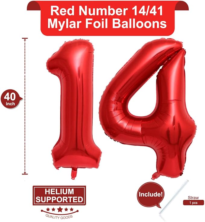 40 Inch Red 14 Number Balloons Giant 14 or 41 Balloons Red Birthday 14 Balloons - Image 2