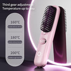 Cordless Hair Straightener Brush: Portable Rechargeable Heated Straightening Comb with LED Display & 3 Temperature Settings - Travel Hair Brush for Smooth Frizz-Free Styling (Purple)