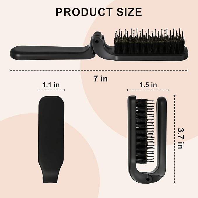 Folding Travel Hair Brush - Mini Boar Bristle Hairbrush Women, Men & Kids, Portable Pocket Purse Brush for Thick Thin Wet Dry Hair Restore Shine, Black