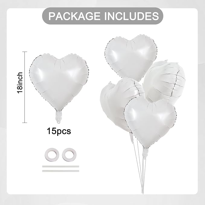 TONIFUL 15 Pcs White Heart Balloons 18 Inch Heart Shape Foil Mylar Balloons | - Image 2