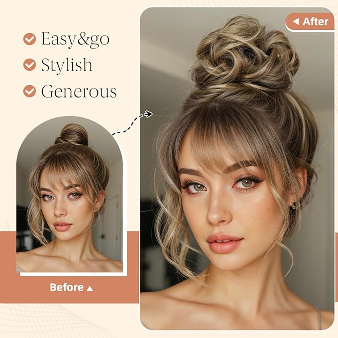 CJL HAIR 2PCS Messy Bun Hair Pieces Wavy Curly Synthetic Updo Chignon Fake Scrunchies Ponytail Extension for Women Dirty Blonde