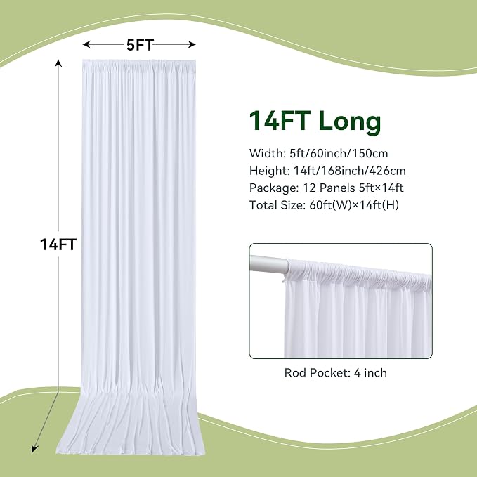 60×14 ft White Wrinkle Free Backdrop Curtain, Soft Silky Polyester Wedding - Image 5