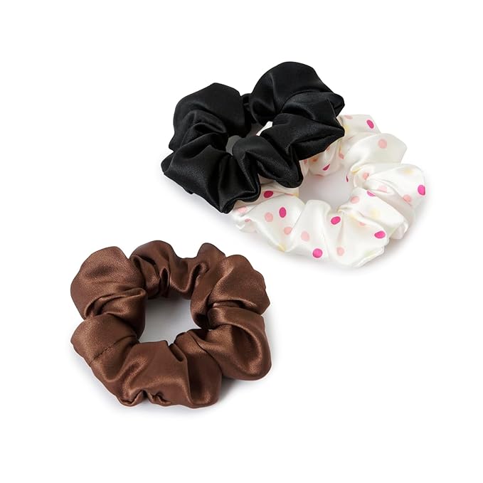 19Momme Silk Scrunchie Thick Hair Ties for Curly Hair, No Slip Hair Bands for Women, Vintage Satin Hair Accessories (Black,Polka dot,Brown)