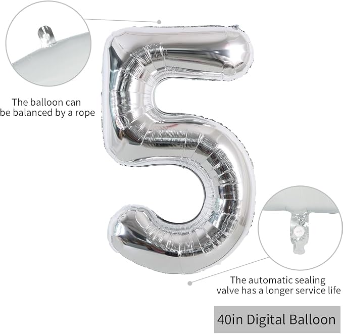 TONIFUL 40 Inch Silver Number 5 Balloon Large Foil 5th Birthday Decorations | - Image 2