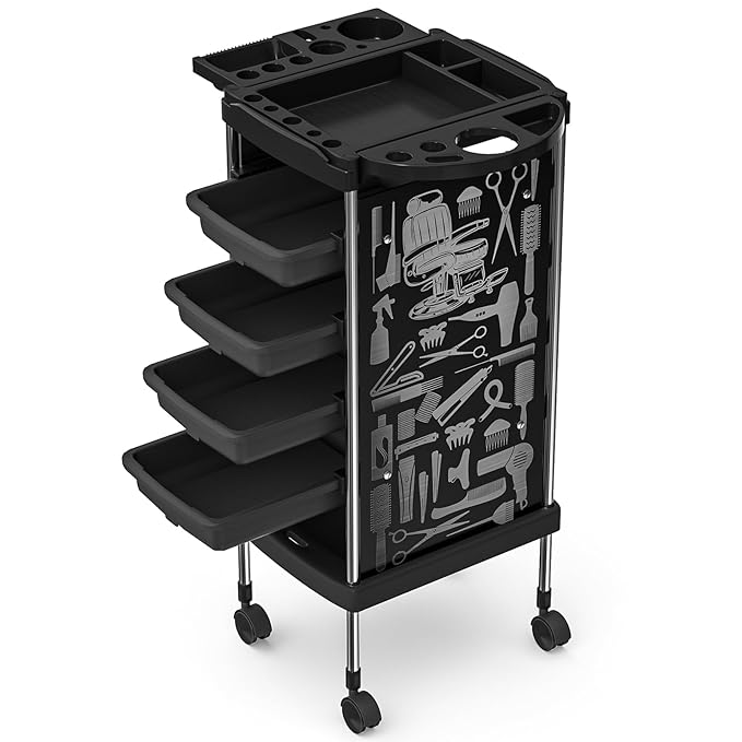 Salon Rolling Trolley with 4 Drawers/Stainless Steel Frame Storage Tool Holder for Barbershop Beauty Spa and Hair Salon Beauty Black