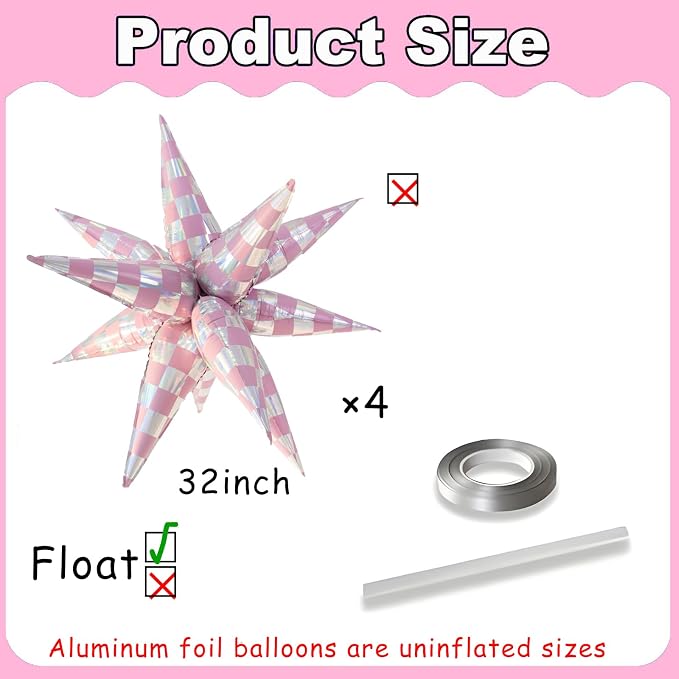 Light Pink Balloons Iridescent Gingham Checkered Explosion Star Balloons Girls - Image 2
