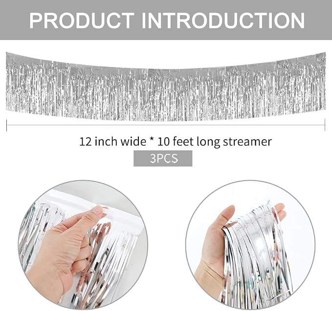 BEISHIDA Silver Fringe Garland Banner 3Pack 30ft Wall Tinsel Foil Streamers | - Image 2