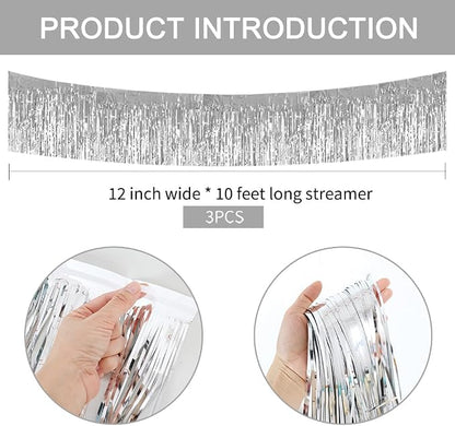 BEISHIDA Silver Fringe Garland Banner 3Pack 30ft Wall Tinsel Foil Streamers | - Image 2