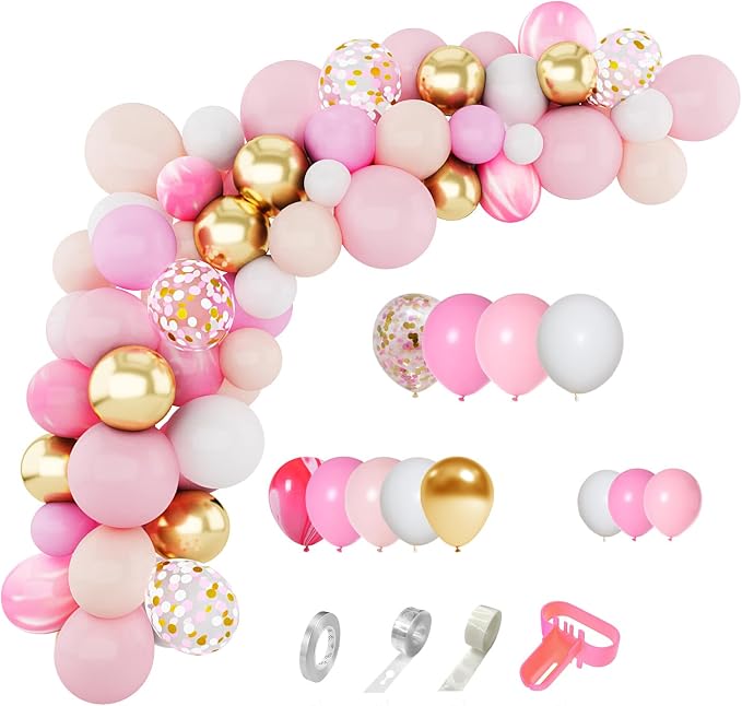 Amandir 144Pcs Pink Balloons Garland Arch Kit | Light Pink Gold White Confetti - Image 2