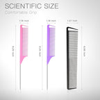 3-in-1 Rat Tail & Styling Combs - Carbon Fiber Teasing & Stainless Steel Pintail for Women & Men - Fine Teeth Salon Hairdressing Tools (Black, Pink, Purple)