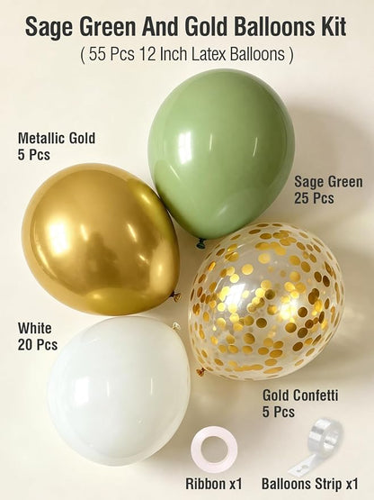Sage Green White Gold Balloons 12 Inch 60 Pcs Metallic Gold Confetti Latex - Image 3