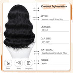 Black Wig for Women, 18 Inch Middle Part Wavy Curly Wigs Synthetic Heat Resistant Soft deep wave Wig for Women Daily Use (Black, 18 Inch)
