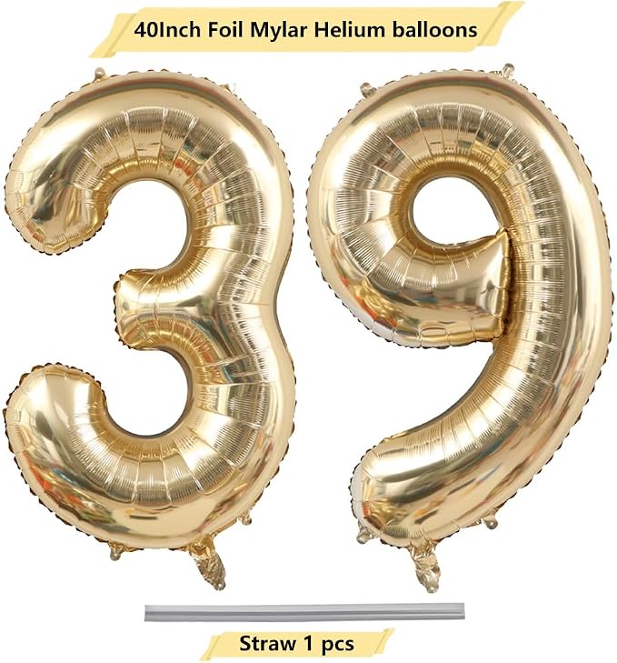 Light Gold Number 39 Balloon 40in White Gold 39 Foil Mylar Digital Balloon | - Image 4
