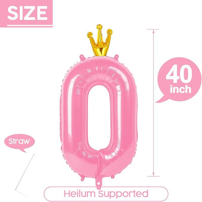 0 Balloon - Pink with Crown Birthday Number Balloons, 40 Inch Decorations | - Image 5