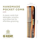 Kent OT Pocket Comb Black and Tortoise - Handmade Fine and Wide Tooth Hair Comb for Men, Women, and Kids - Travel, Beard, and Mustache Comb - Saw Cut and Hand Polished Made in England