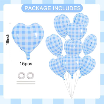 TONIFUL 15 Pcs Blue Gingham Heart Balloons 18 Inch Heart Shape Foil Balloon | - Image 2