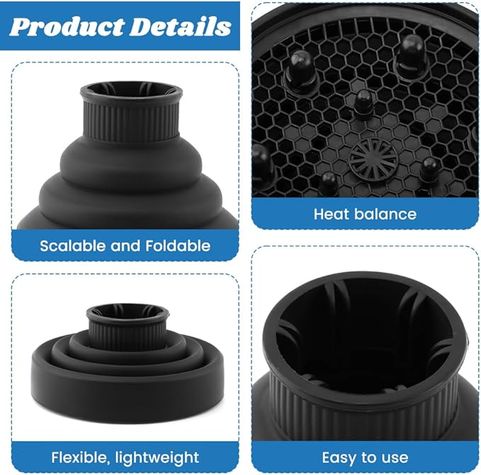 Universal Foldable Hair Dryer Diffuser, Travel Hair Dryer Diffuser Attachment with Comb, Portable Hairs Diffusers Blow Dryers Attachment for Natural Thick Hairs(Color:Black)