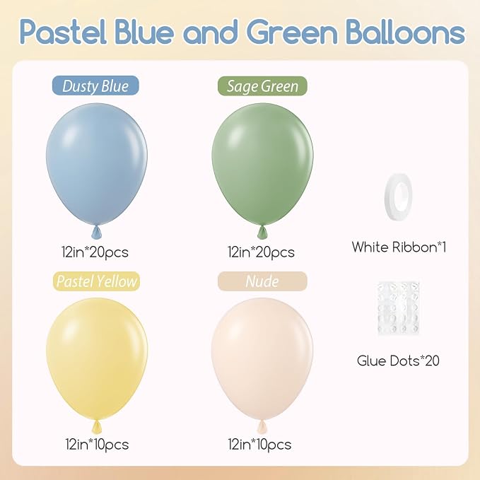 60pcs 12inch Sage Green Dusty Blue Pastel Yellow Balloons, Nude Blue and Green - Image 2