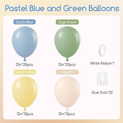 60pcs 12inch Sage Green Dusty Blue Pastel Yellow Balloons, Nude Blue and Green - Image 2