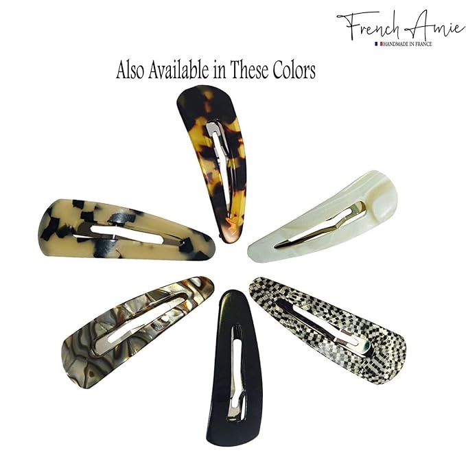 French Amie Clic Clac Large Handmade Celluloid Acetate Set of 2 Snap Hair Clips No Slip Side Slide-in Barrette for Women and Girls (White Tokyo)