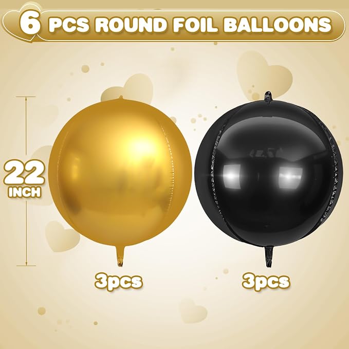 6Pcs Black Gold Round Foil Balloons, Giant 4D Round Ball Balloons, 22 Inch - Image 2