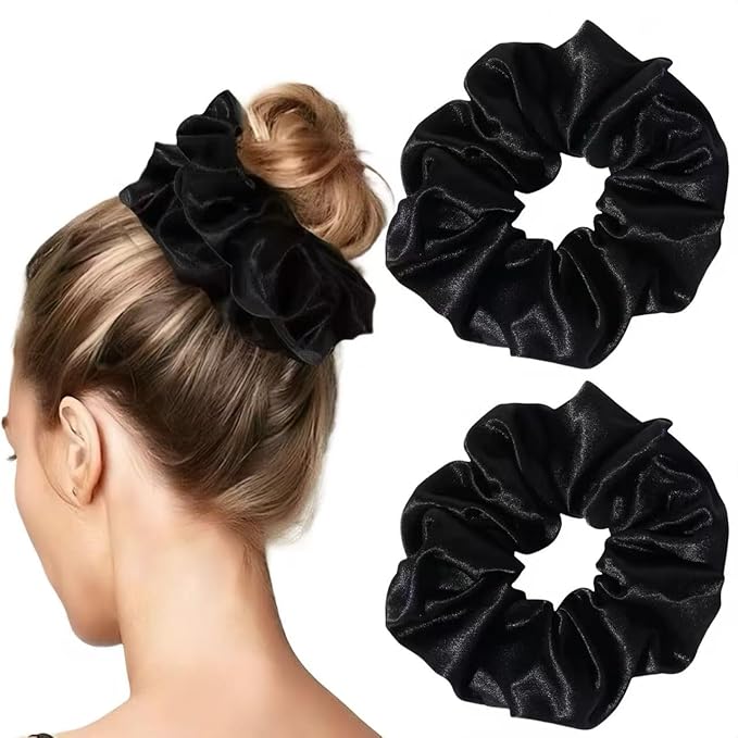 2PCS Black Extra Large Satin Scrunchies for Women Thick Hair - No Damage Hair Ties 6.3Inches Big Hair Scrunchy Oversized Thick Elastic Hair Bands Ponytail Holders Jumbo Scrunchies (Black*2)