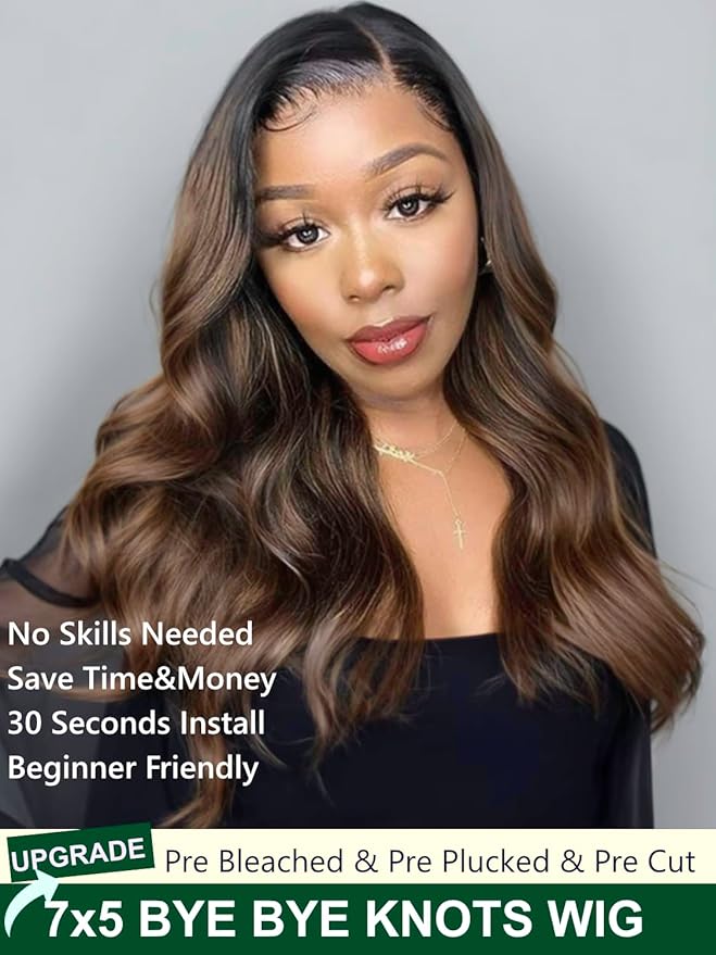 KLAIYI Bye Bye Knots Glueless Wig Ombre Brown Body Wave Pre Cut 7x5 HD Lace Front Wigs Human Hair Pre Plucked Pre Bleached Pre Everything Wear and Go Wig 12A Highlight Balayage 3S Ready To Wear 20Inch