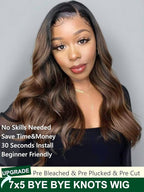 KLAIYI Bye Bye Knots Glueless Wig Ombre Brown Body Wave Pre Cut 7x5 Lace Front Wigs Human Hair Pre Plucked Pre Bleached Pre Everything Wear and Go Wig 12A Highlight Balayage 30S Ready To Go 18Inch