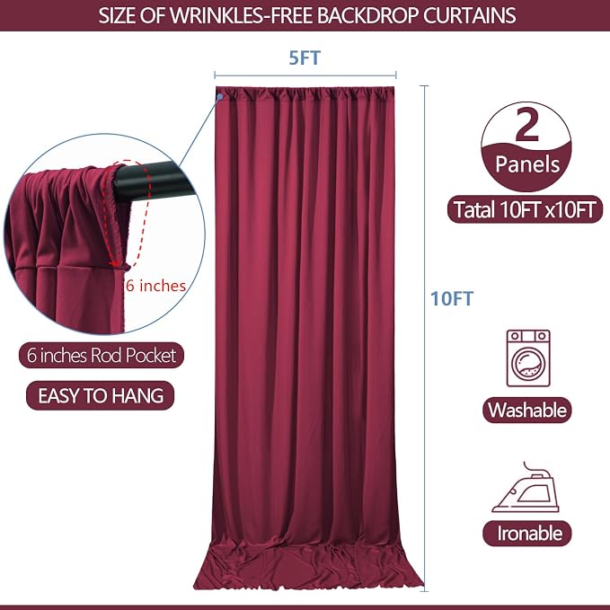 ESGOTBME 10x10ft Wrinkle Free ‌Burgundy Backdrop Curtain - Image 4