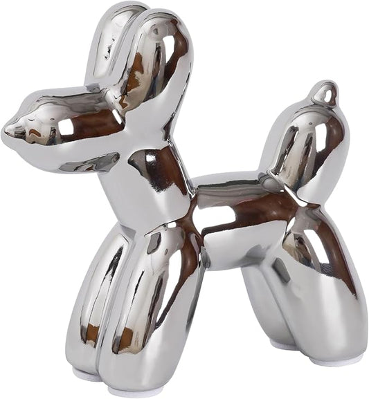 Notakia Silver Balloon Dog Ceramic Statue, Handmade Small Modern Animal Figurine by Notakia