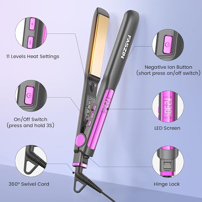 Faszin Professional Hair Straightener, 1.18 inch Ionic Titanium Plate, 20S Fast Heat Up Flat Iron with Clear LED Display, 2 in 1 Straightener and Curler Styling Tool for Straighten Hair (Gray)