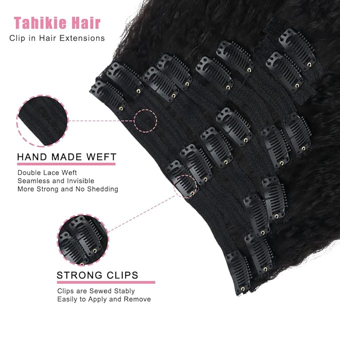 Kinky Straight Human Hair Clip in Extensions 120g Full Head Clip ins for Women 100% Unprocessed Brazilian Virgin Human Hair Yaki Straight Clip ins Remy Hair Natural Black 8Pcs 18Clips 22inch