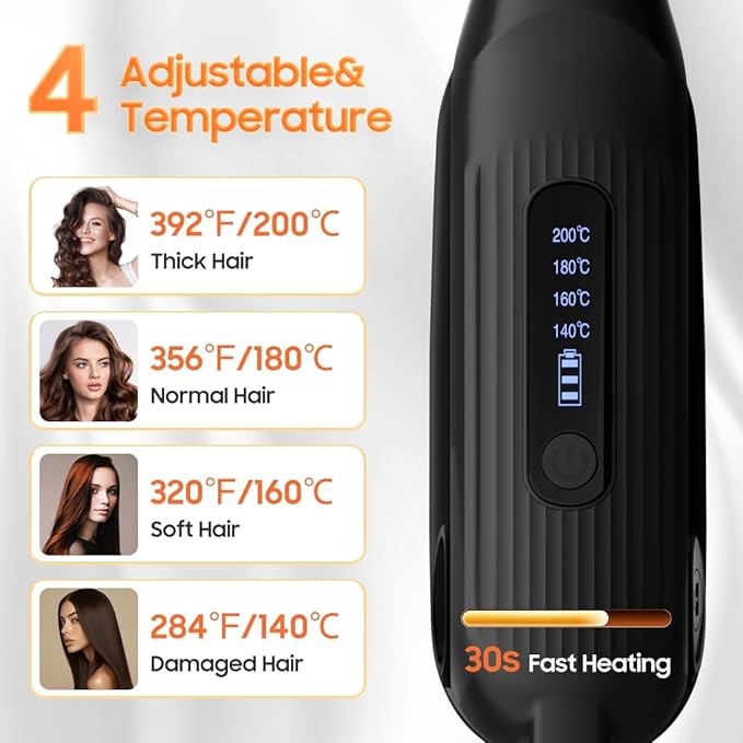 Cordless Hair Straightener, Portable Flat Iron for Travel, 2 in 1 Hair Styling Tools for straightening and Curling, Lightweight on-The-go, 4000 mAh Battery, Fast USB-C Charging (Black)