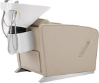 BarberPub Backwash Shampoo Station Chair, Adjustable Porcelain Ceramic Hair Wash Bowl Sink Unit Station, Reclining Shampoo Station Chair for Spa Beauty Salon Hair Salon Equipment 9303 (Beige)