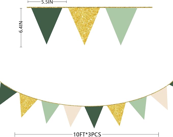 Sage Green Gold Party Decorations Pennant Banner Flag Olive Green Cream Beige - Image 2