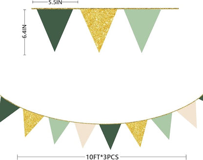 Sage Green Gold Party Decorations Pennant Banner Flag Olive Green Cream Beige - Image 2