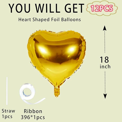 Gold Heart Balloons, 18inch Bright Gold Heart Shaped Foil Balloons 12Pcs Helium - Image 4