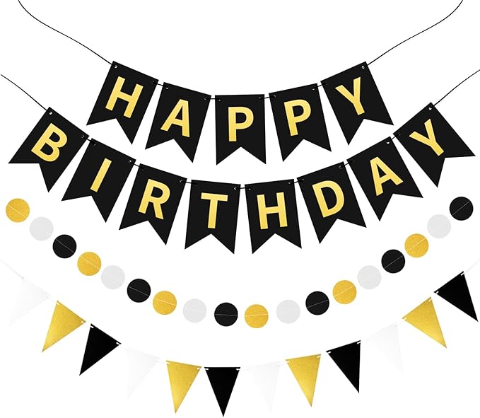 Black Gold Happy Birthday Banner, Happy Birthday Decorations Hanging Birthday by Unknown