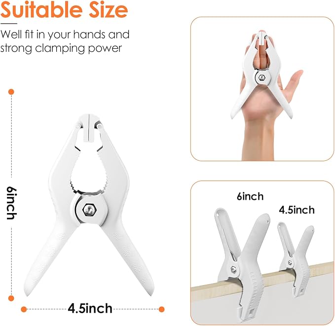 Spring Clamps Heavy Duty, 6in Plastic Backdrop Clips, 6 Pack White | Strong - Image 2