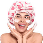 LitBear Luxury Silk Lined Shower Caps for Women Reusable Waterproof, Double Layered Large Bathing Hair Cap with Adjustable Elastic Strap, Non-slip, Quick-dry, for Long Short Hair, Pink Dots