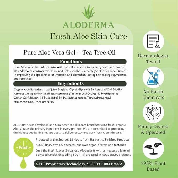 Aloderma Aloe Vera Gel + Tea Tree Oil, Made with Refreshing Organic Aloe for After Sun Skin Care, Multipurpose Use for Hair and Scalp, and Face or as a Shaving Gel or Aftershave - 10.6Oz x 2btls