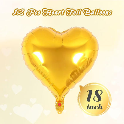 12 Pcs Gold Heart Balloons, 18 Inch Heart Foil Balloons Love Balloon Valentine - Image 2