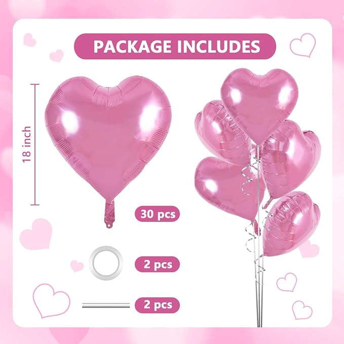 TONIFUL 30 Pcs Pink Heart Balloons 18 Inch Heart Shape Foil Mylar Balloons | - Image 2