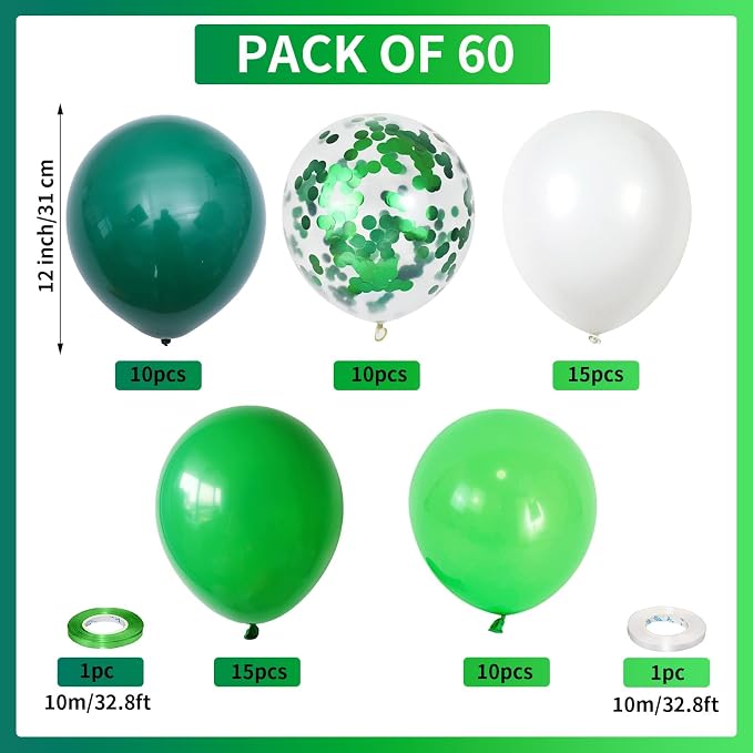 60 Pack Green Latex Balloons, 12 Inch Matte White Dark Emerald Green Light Lime - Image 2